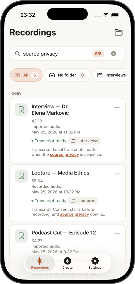 SaidInk Recordings screen with archive search, folders, and transcript snippets.