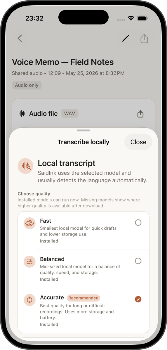 SaidInk local transcription setup sheet with model choices.