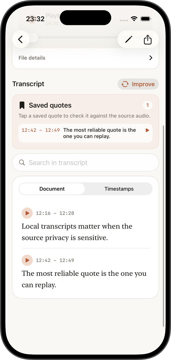SaidInk transcript document view with saved quotes and editable paragraphs.
