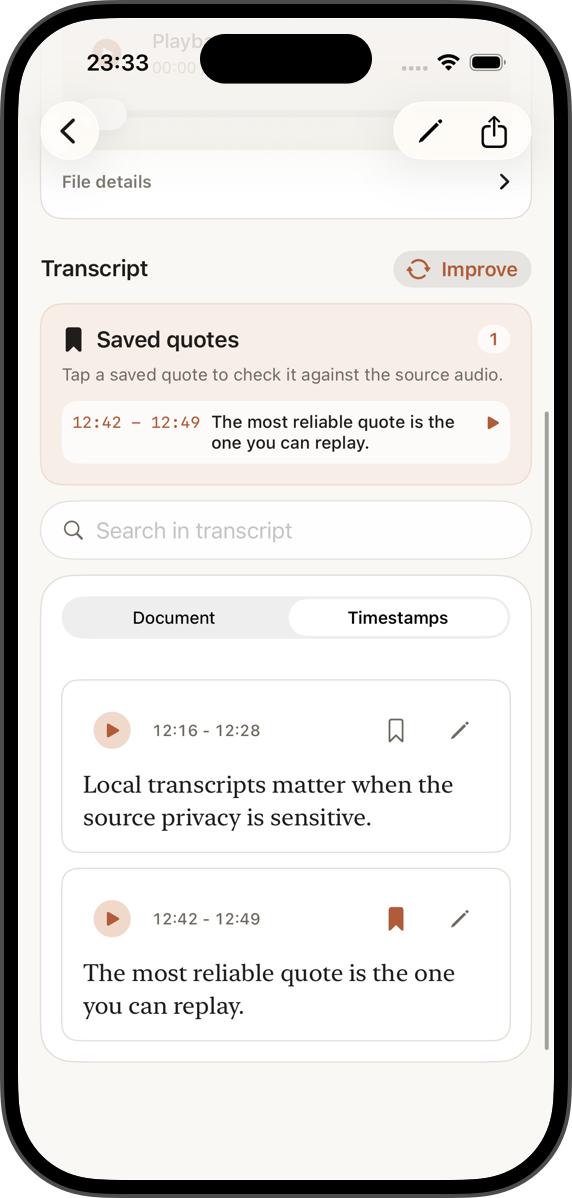 SaidInk timestamps view with bookmarked quote and playback controls.