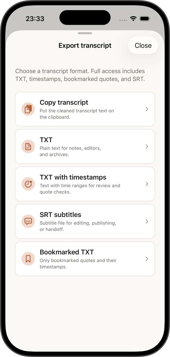 SaidInk export sheet with transcript formats.