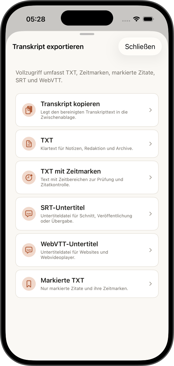 Text, Zitate & Untertitel exportieren