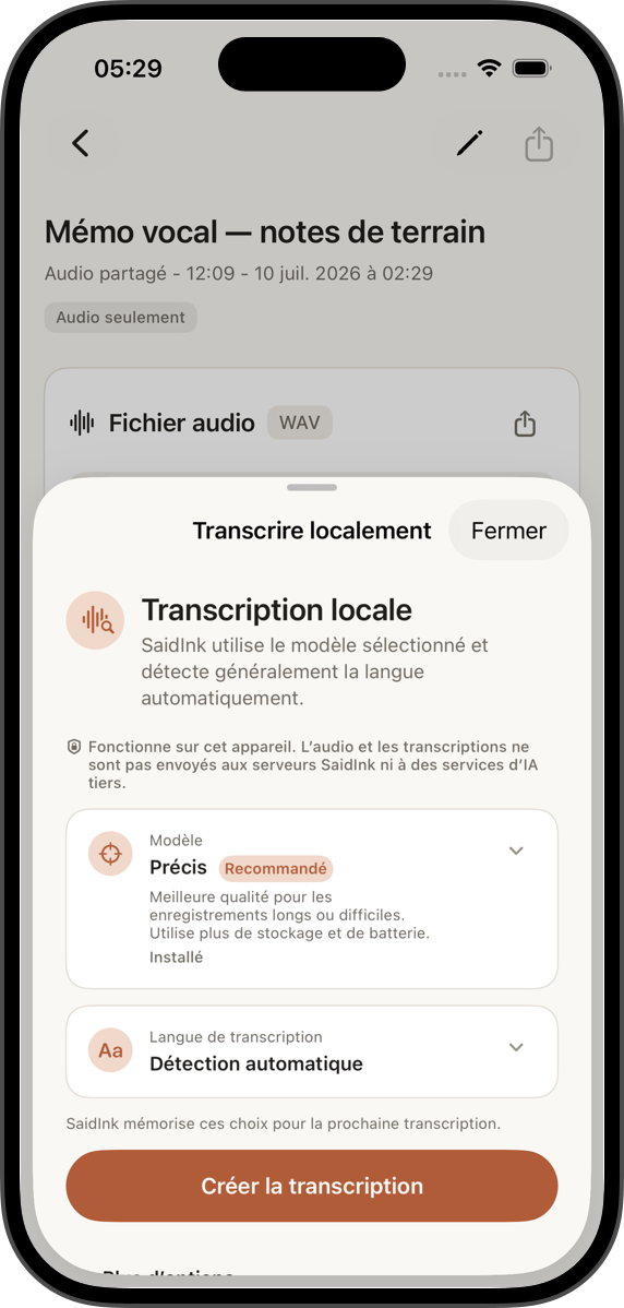 Transcription sur l’appareil