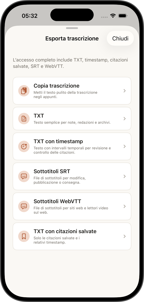 Esporta testo e sottotitoli
