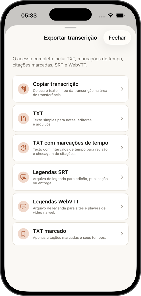 Exporte texto e legendas